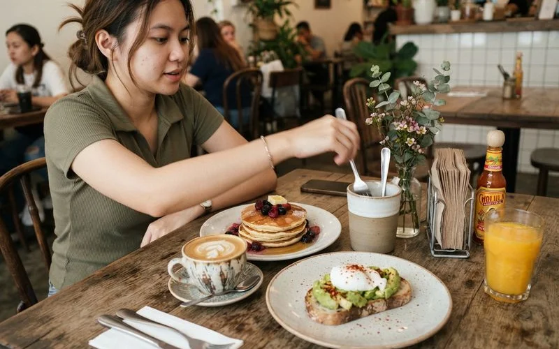 A brunch table at a Puchong cafe showing generous portions of food alongside coffee cups on a clean wooden surface