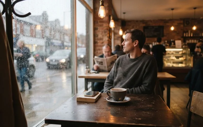 Rain falling outside a cafe window while customers sit comfortably at indoor tables with warm lighting