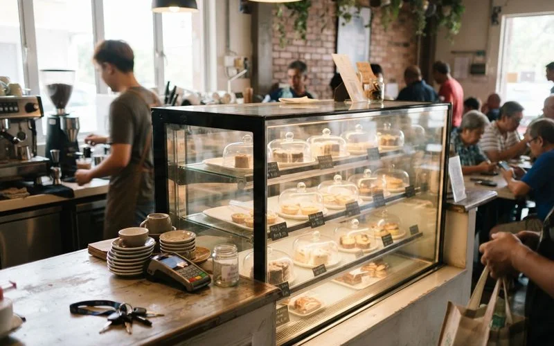 A clean, organised bakery display case with covered pastries, chilled cream cakes and clearly labelled items facing the counter