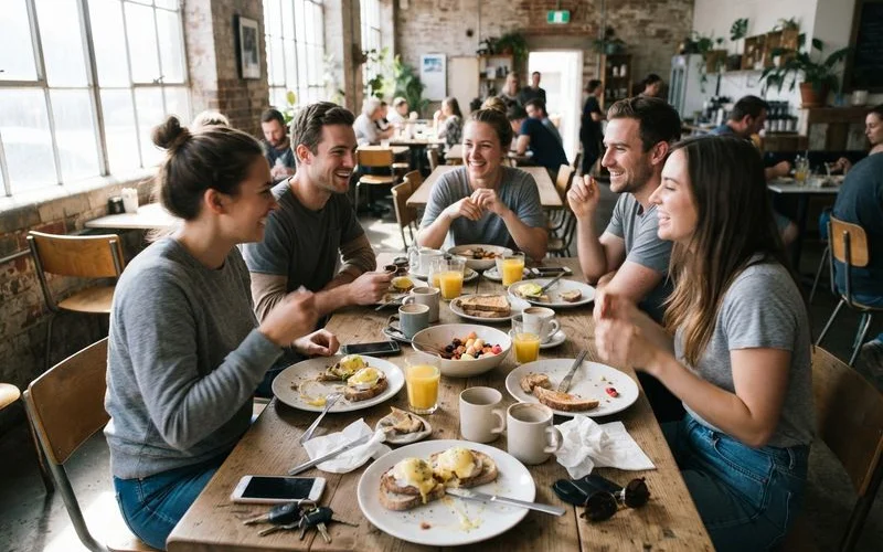 A group of friends seated together at a long table sharing brunch dishes and coffee at a Puchong cafe