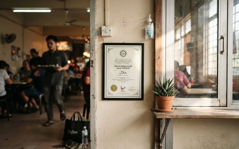 A halal certification logo and certificate displayed in a clear frame near a cafe entrance counter in Puchong