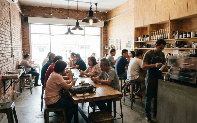 A busy specialty coffee cafe interior in Puchong with a barista pulling espresso shots while customers work on laptops at communal tables